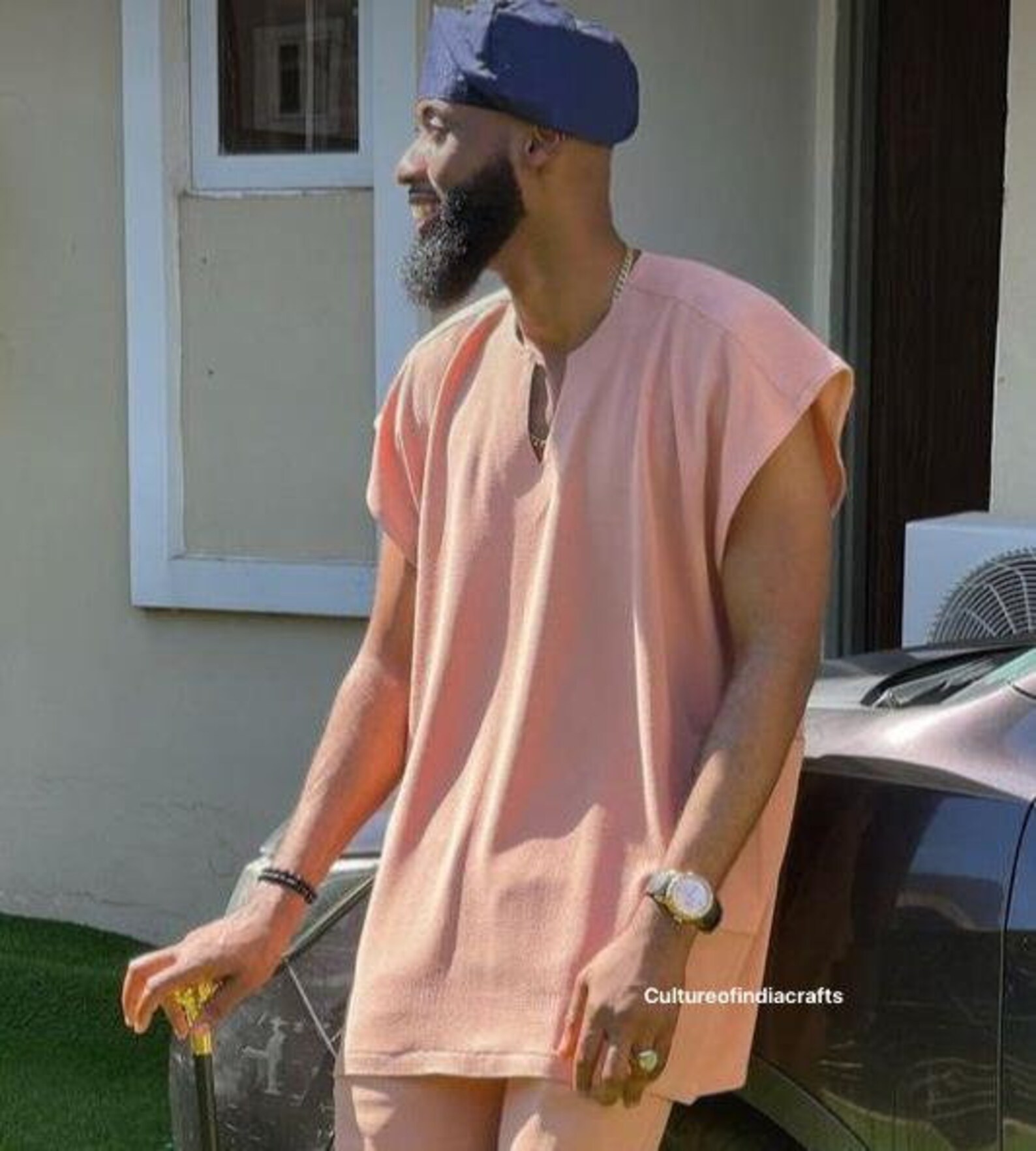 Men's Pink Cap-Sleeve Kaftan